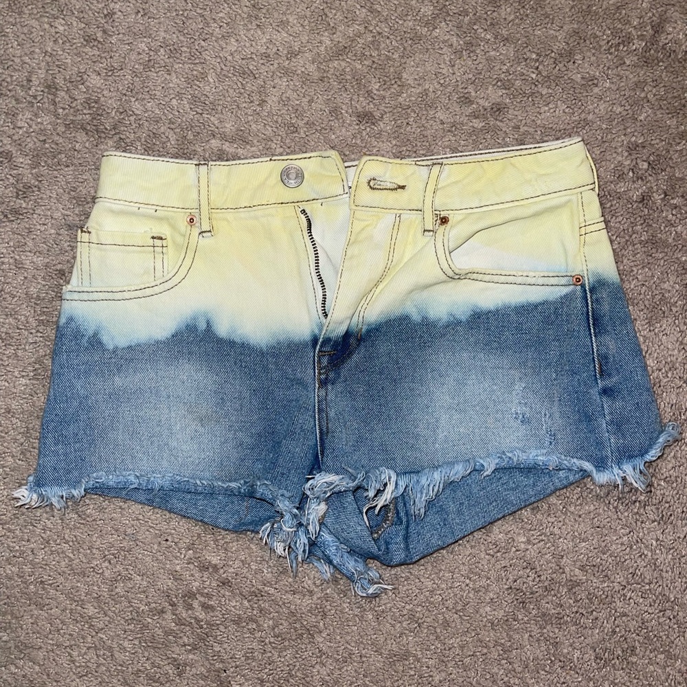 BLUE AND YELLOW PACSUN HIGH RISE JEAN SHORTS